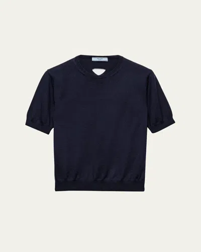 PRADA CUTOUT TRIANGLE SHORT-SLEEVE WOOL SWEATER