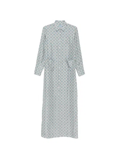 Pre-owned Prada Damie Geometric-print Shirt Midi Dress In White