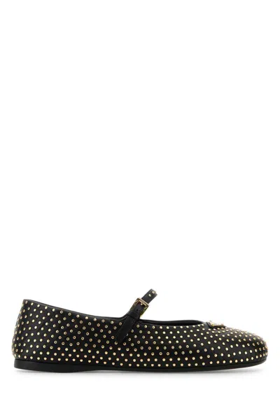 Prada Triangle-logo Stud-embellished Ballerina Shoes In Black