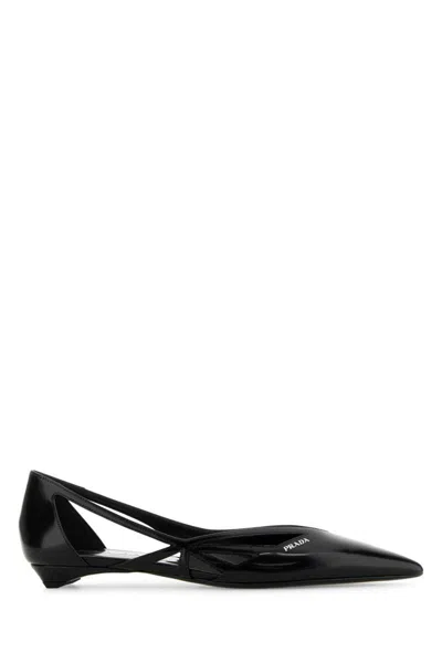 Prada Cut Out Black Brushed Leather Ballerina In Multi