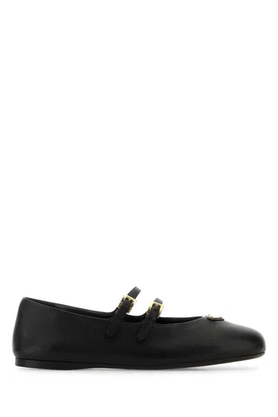 Prada Woven Flat Shoes With Adjustable Gold-tone Straps In Black