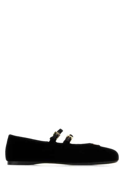 Prada Triangle Logo Velvet Ballet Flats In Black