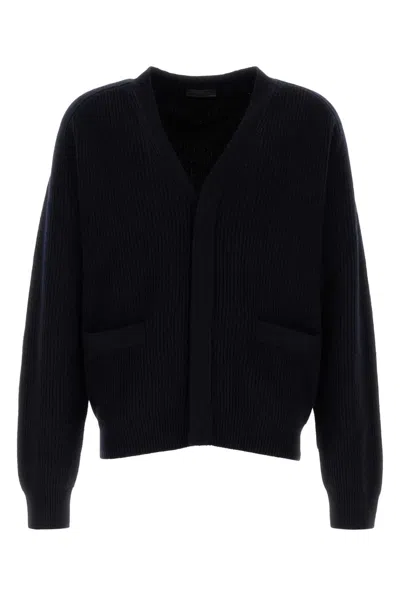Prada Dark Blue Cashmere Cardigan In Black