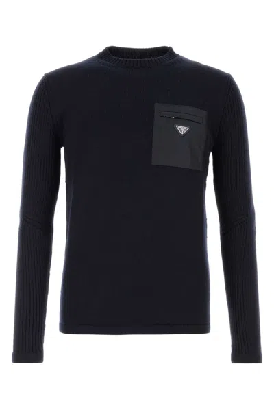 Prada Wool Sweater With Nylon Patch Pocket In Black