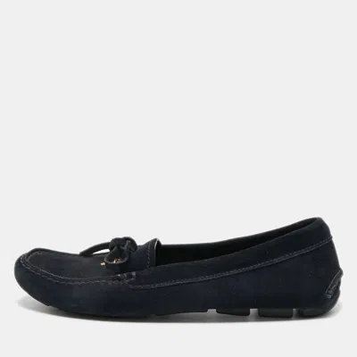 Pre-owned Prada Dark Blue Suede Bow Slip On Loafers Size 35.5