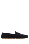 Prada Enamel-triangle-logo Suede Loafers In Bleu