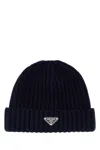 Prada Wool Beanie Hat Folded Brim Ribbed Design In Black
