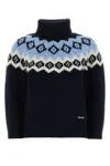 Prada Wool Blend Sweater Patterned Turtleneck Ribbed Trims In Blue