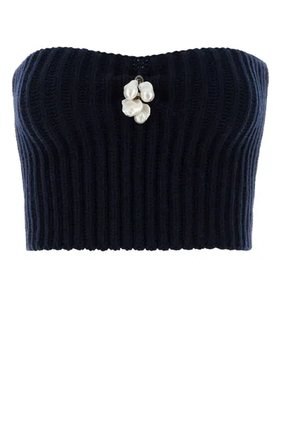 Prada Strapless Wool Blend Top Embellishment Detail In Blue