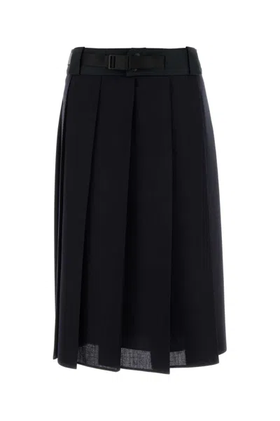 Prada Wool Skirt With Belted Waist And Pleats In Black