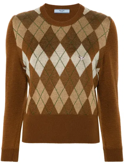 Prada Dark Brown Argyle-pattern Sweater In Tabacco