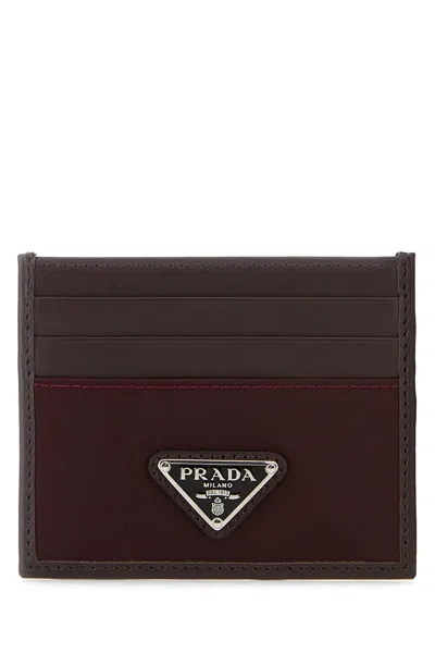 Prada Dark Brown Leather Card Holder In Burgundy