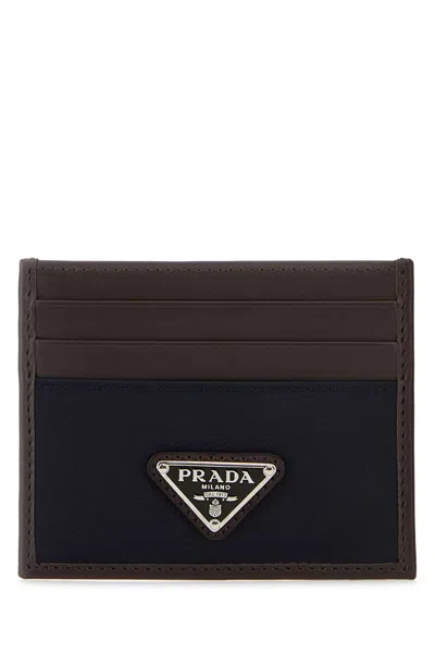 Prada Dark Brown Leather Card Holder In Blue