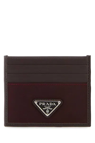 Prada Dark Brown Leather Card Holder In Burgundy