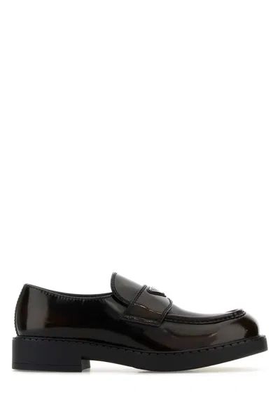 Prada Triangle Logo Chocolate Brushed Leather Loafers In Black