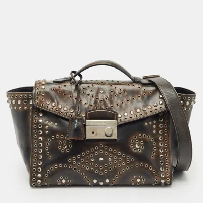 Pre-owned Prada Dark Brown Leather Embellished Sound Twin Pocket Top Handle Bag