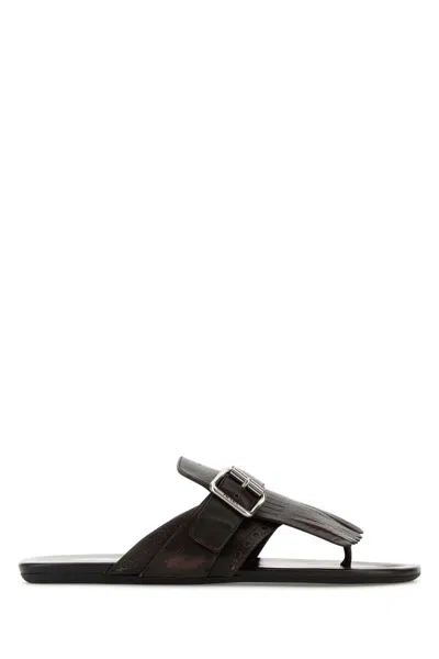 PRADA PRADA DARK BROWN LEATHER SHUFFLE THONG SLIPPERS