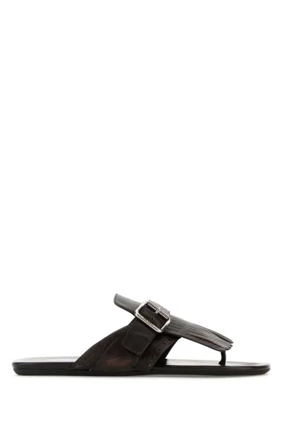 Prada Dark Brown Leather Shuffle Thong Slippers