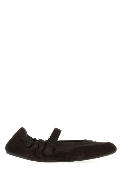 PRADA DARK BROWN RE-NYLON AND SUEDE BALLERINAS