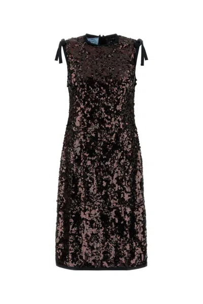 PRADA DARK BROWN SEQUIN SLEEVELESS MIDI DRESS