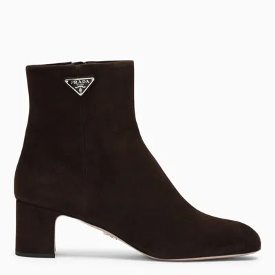 Prada Suede Block-heel Ankle Booties In Brown
