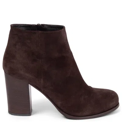 Pre-owned Prada Dark Brown Suede Block Heel Ankle Boots Shoes 39.5