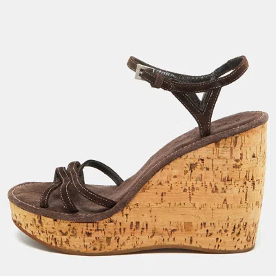 Pre-owned Prada Dark Brown Suede Cork Platform Wedge Ankle Strap Sandals Size 38.5