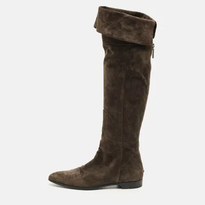Pre-owned Prada Dark Brown Suede Fold Over Knee Length Boots Size 40