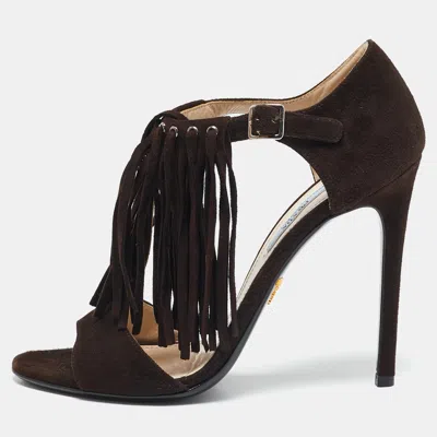 Pre-owned Prada Dark Brown Suede Fringe T-strap Sandals Size 39.5