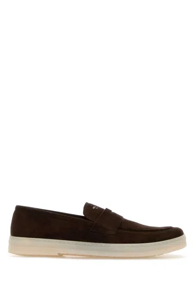 Prada Dark Brown Suede Loafers In Multi