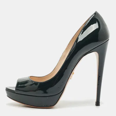 Pre-owned Prada Dark Green Patent Leather Peep Toe Pumps Size 37.5