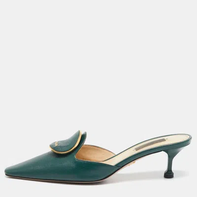 Pre-owned Prada Dark Green Saffiano Leather Logo Mules Size 38.5