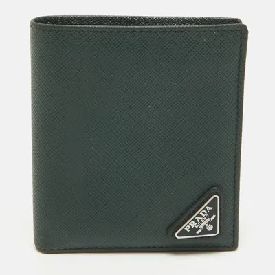 Pre-owned Prada Dark Green Saffiano Metal Leather Logo Bifold Wallet