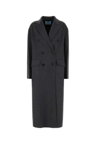 PRADA WOMEN DARK GREY DOUBLE-BREASTED COAT, M LUXURY TRENCH COATS FOR WOMEN DARVEYS