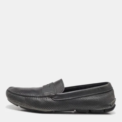 Pre-owned Prada Dark Grey Perforated Leather Slip On Loafers Size 43.5 In Gray