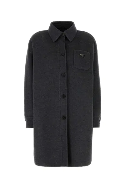 Prada Cappotto In Misto Lana Grigio Scuro Donna In Grey