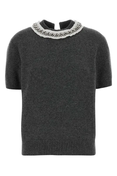 Prada Wool Blend Sweater Back Tie Detail In Gray