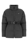 Prada Women Check Logo Down Jacket In Gray