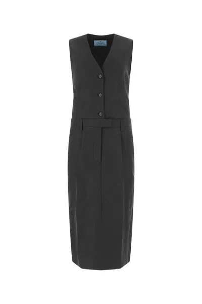 Prada Sleeveless V-neck Wool Dress With Belted Waist In Grey