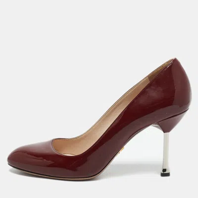 Pre-owned Prada Dark Red Patent Leather Metal Heel Pumps Size 38