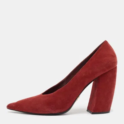 Pre-owned Prada Dark Red Suede Pointed Toe Block Heel Pumps Size 40