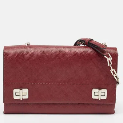 Prada Dark Saffiano Cuir Leather Double Shoulder Bag In Red