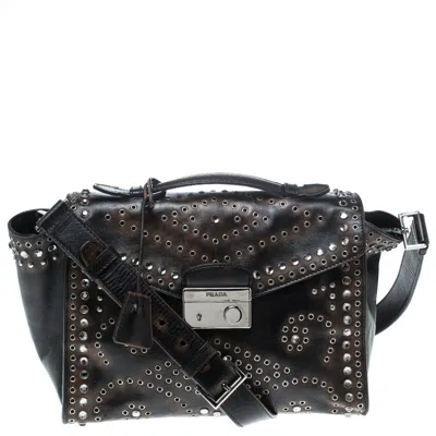 Prada Dark Vitello Vintage Leather Eyelet Crystal Embellished Top Handle Bag In Grey