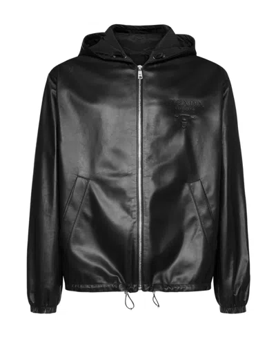 Prada Debossed-logo Hooded Leather Jacket In Black