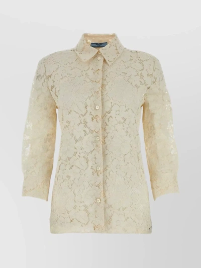 Prada Delicate Lace Long Sleeve Top In Neutral