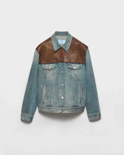 Prada Denim And Leather Blouson Jacket In Blue