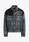 Prada Blue Denim And Black Leather Jacket Men In Blue