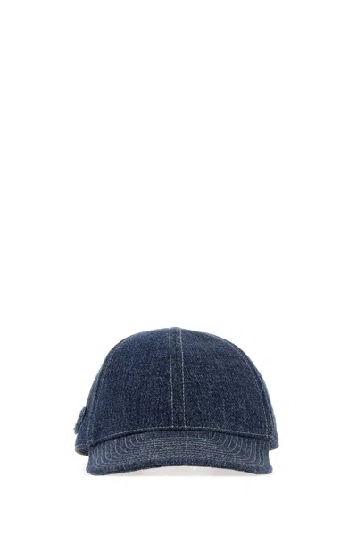 Prada Denim Baseball Cap With Buffalo Leather Detail In Blue