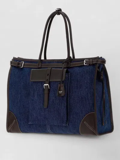 Prada Denim Bonnie Unisex Tote Bag Leather Accents In Blue