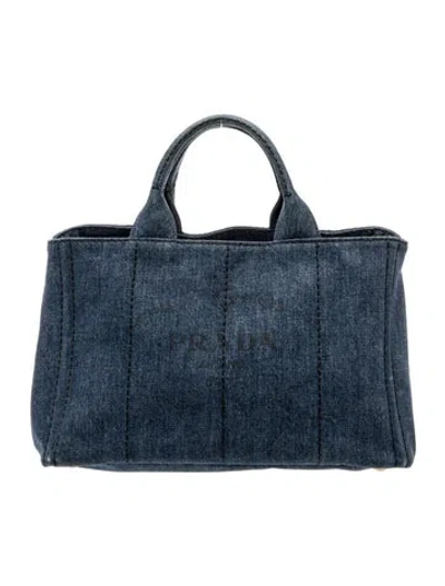 Pre-owned Prada Denim Canapa Logo Tote Large In Blue